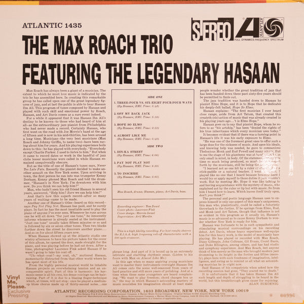 The Max Roach Trio Featuring Hasaan Ibn Ali : The Max Roach Trio Featuring The Legendary Hasaan (LP, Album, Club, Ltd, Num, RE, RM, 180)