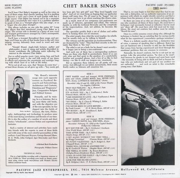 Chet Baker : Chet Baker Sings (LP, Album, RE)