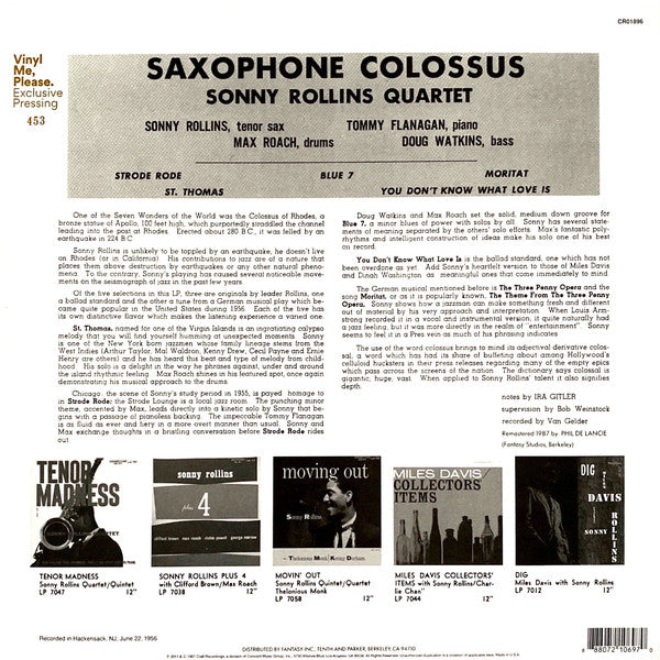Sonny Rollins : Saxophone Colossus (LP, Album, Mono, Club, Ltd, Num, RE, RM, RP, Blu)