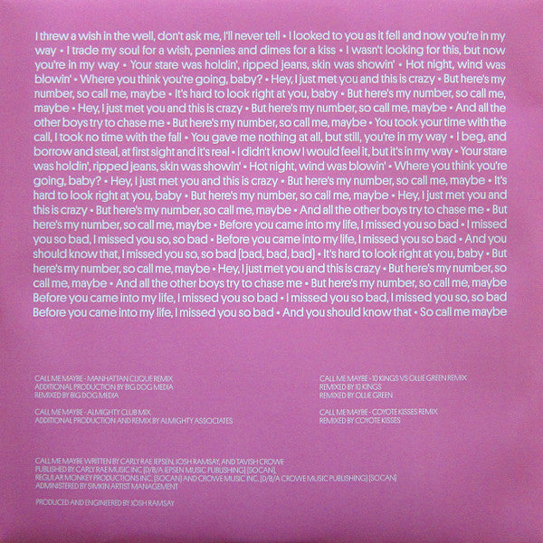 Carly Rae Jepsen : Call Me Maybe (Remixes) (12", Single, Pin)