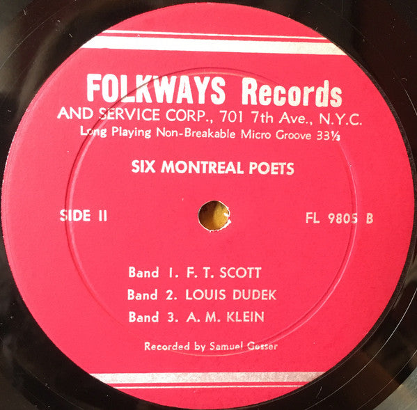 A.J.M. Smith, Leonard Cohen, Irving Layton, F.R. Scott, Louis Dudek, A.M. Klein : Six Montreal Poets (LP, Album, M/Print, RE)
